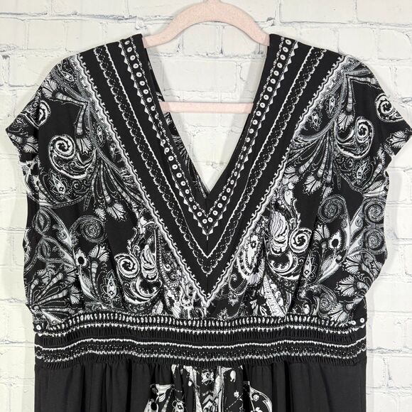 Kiara V-Neck Dress Women Plus XXL Black and White Short Sleeve Fair Isle Flowy - Picture 3 of 10